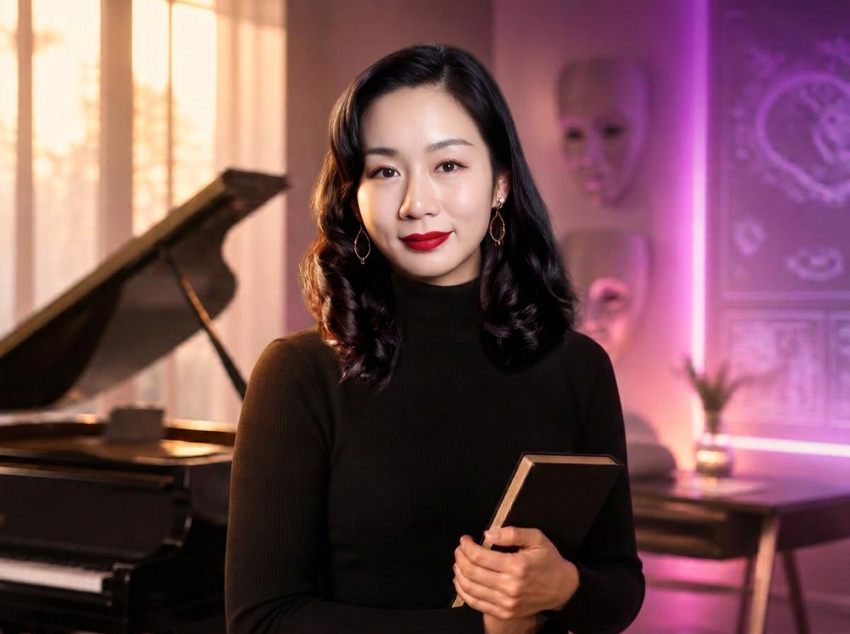 AiOpera founder portrait in a sunlit music studio with a grand piano