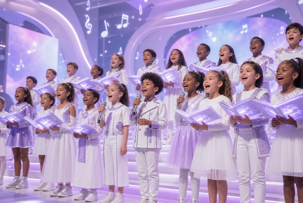 A children's chorus singing together joyfully on stage under purple theatrical lights