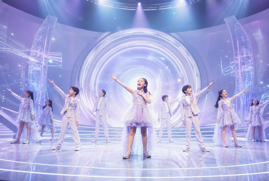 Children performing a musical theatre number on stage under dramatic spotlights