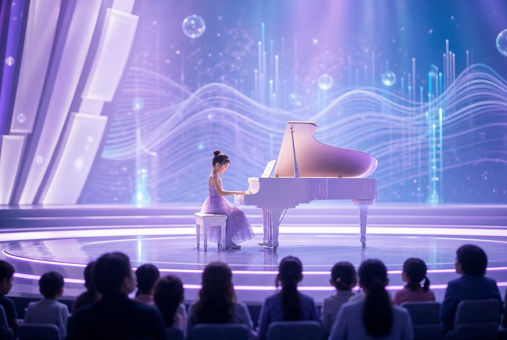 A young child performing a piano recital on stage under warm purple stage lights