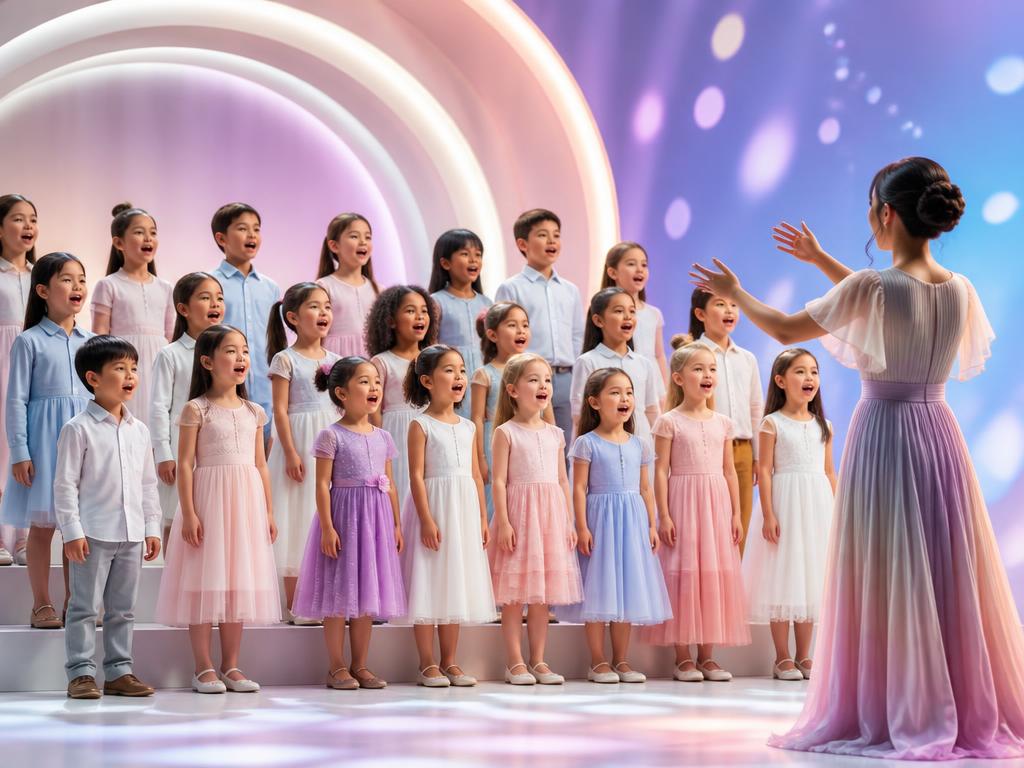 A diverse children's chorus singing with their conductor on a pink, purple, and blue stage