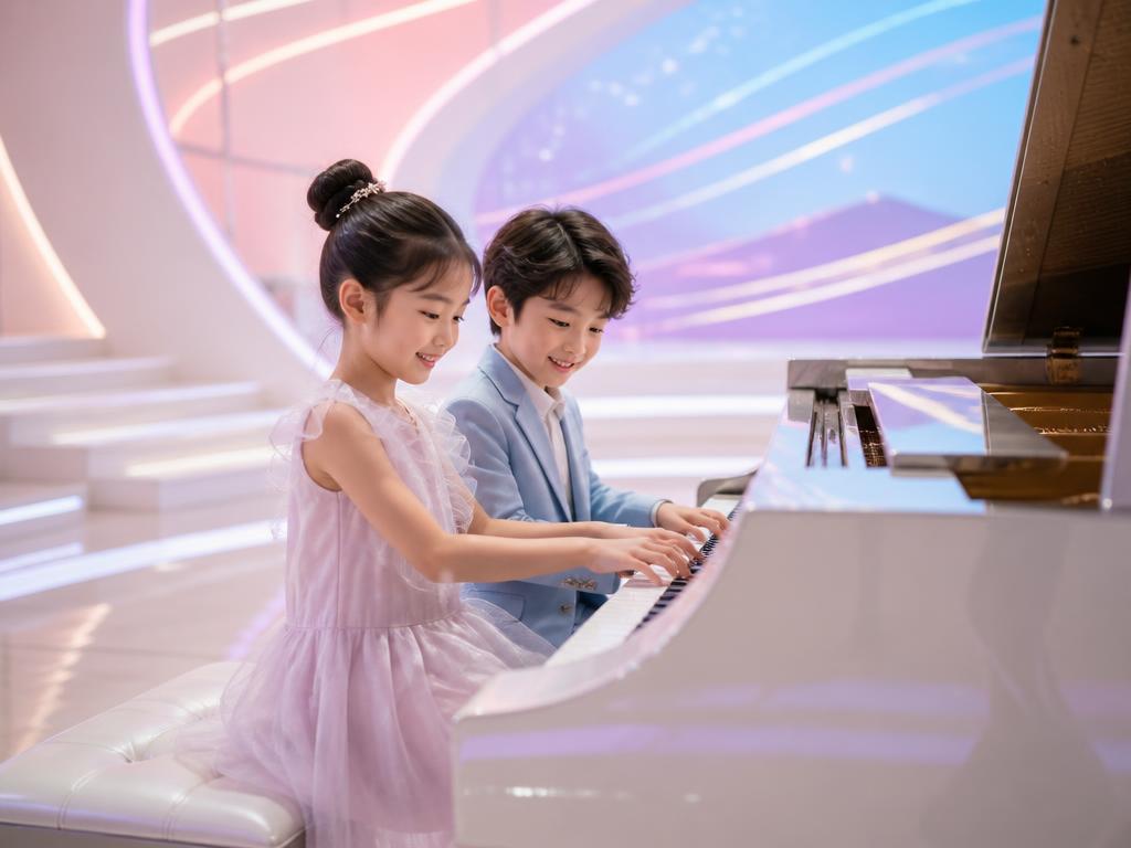 Two children happily performing piano four-hands on a luminous pastel stage
