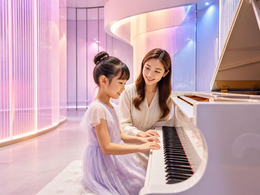 A child enjoying a private piano lesson with her teacher in AiOpera's pastel music studio