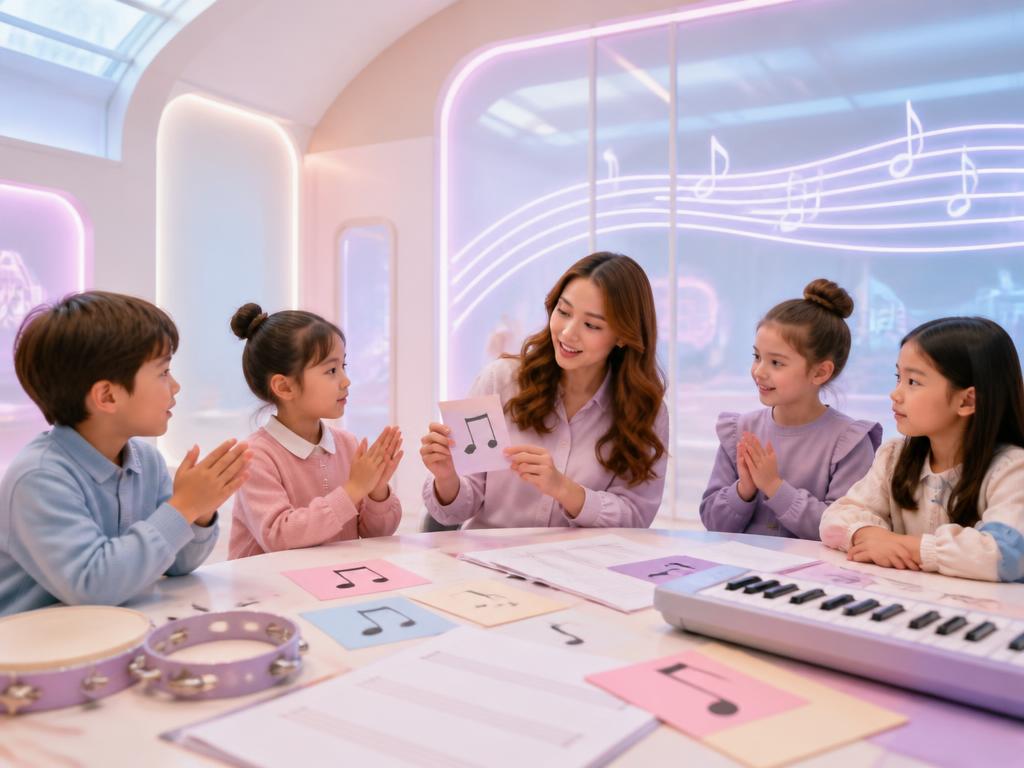 Children learning rhythm and music theory together in a bright futuristic classroom