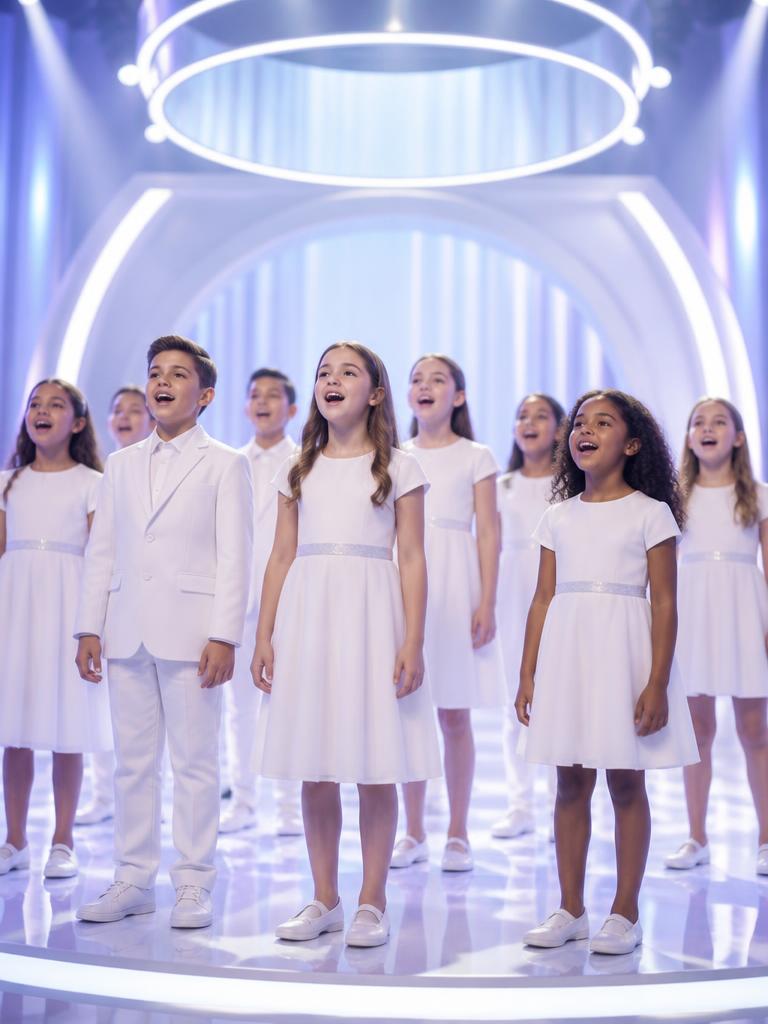 Children singing and performing together on a futuristic stage with soft AI-inspired light patterns