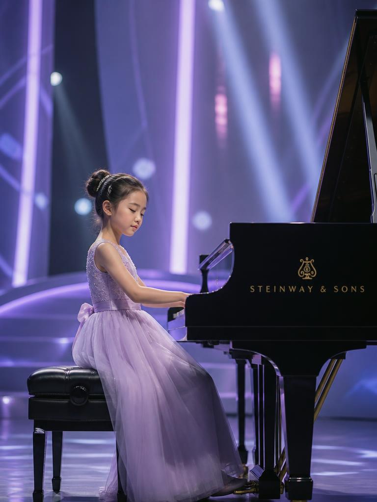 A child expressing themselves through music, movement, and digital art on a futuristic light-filled stage