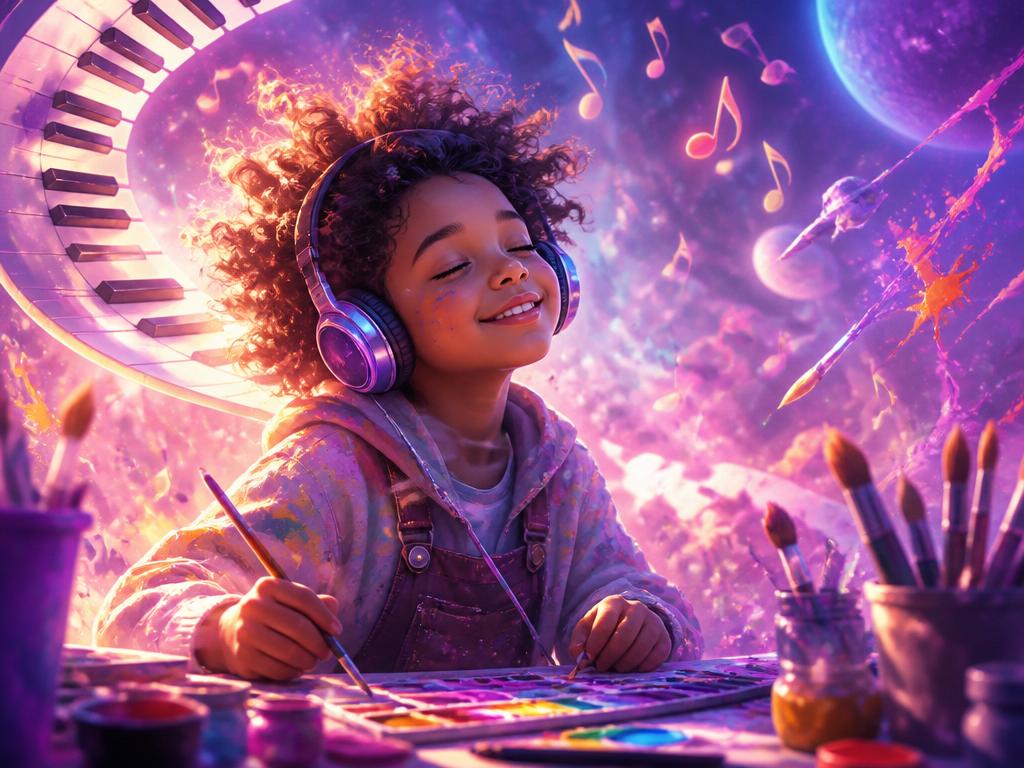 A happy child immersed in painting and music, surrounded by glowing notes and piano keys