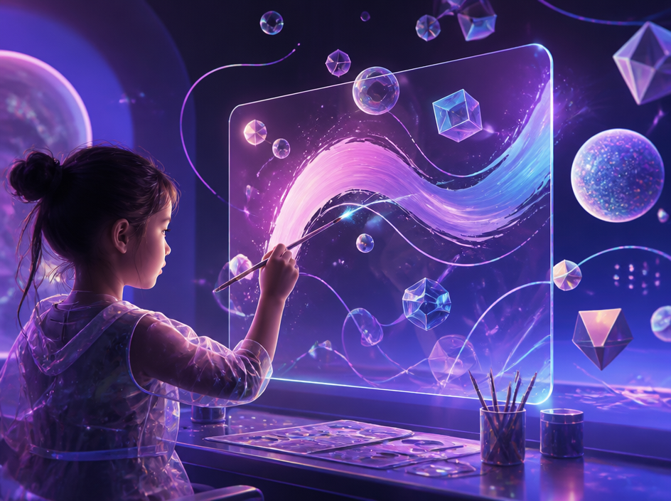 A child painting on a holographic canvas with floating geometric shapes
