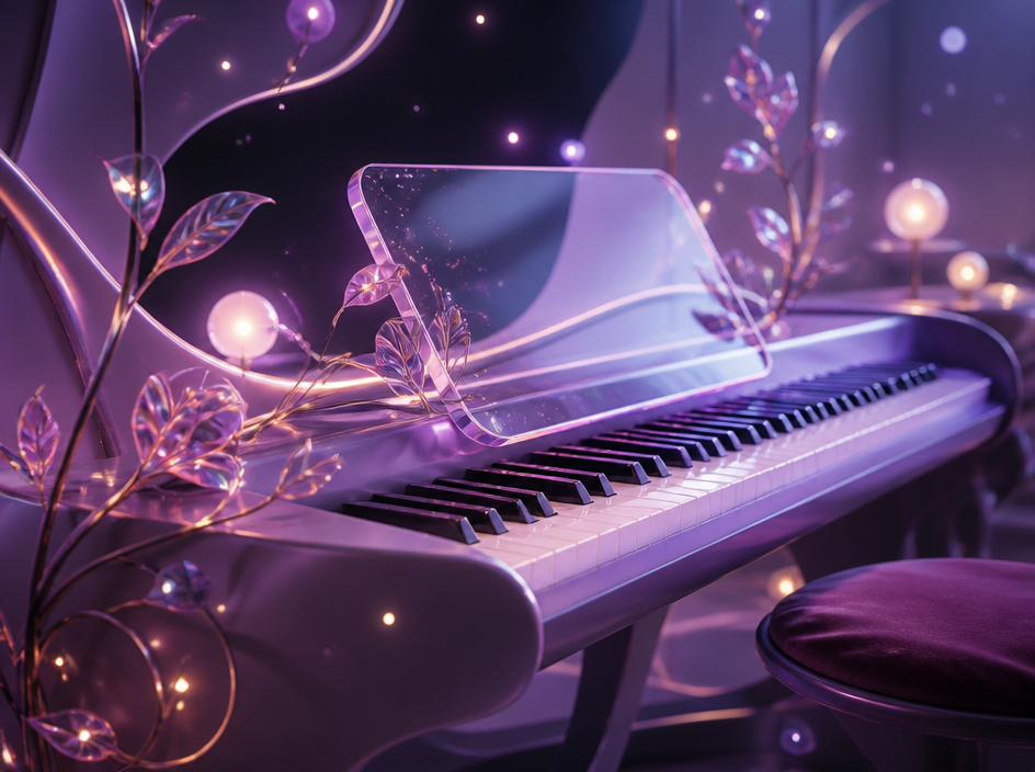 A futuristic piano surrounded by crystalline vines and soft light