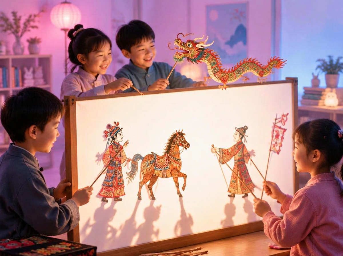 Children happily performing a Chinese shadow puppet show with a dragon, horse and traditional character puppets on a glowing screen