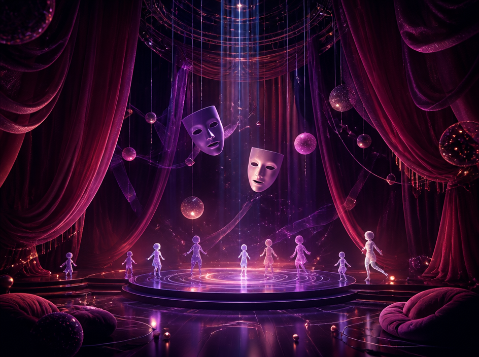 A futuristic theater stage with floating masks and soft spotlights